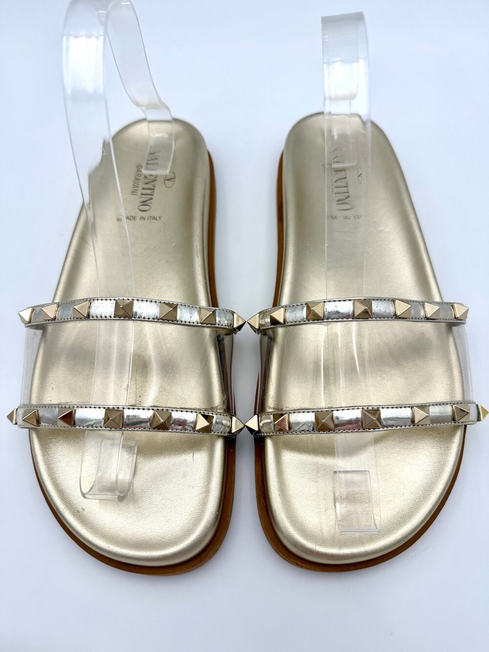 Valentino Clear Rockstud Slides Sandals Size 39 / 9 Metallic Silver Gold PVC